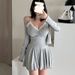South Korea Spring Summer New Style Elegant Lace Patchwork Waist Pleated Strap Dress + Long Sleeve Cardigan Two-Piece_ecoleips.com