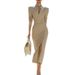 Elegant V-Neck Bodycon Midi Dress For Women | High Waist Slit Hem Office Dress In Khaki Versatile Midi Length_ecoleips.com
