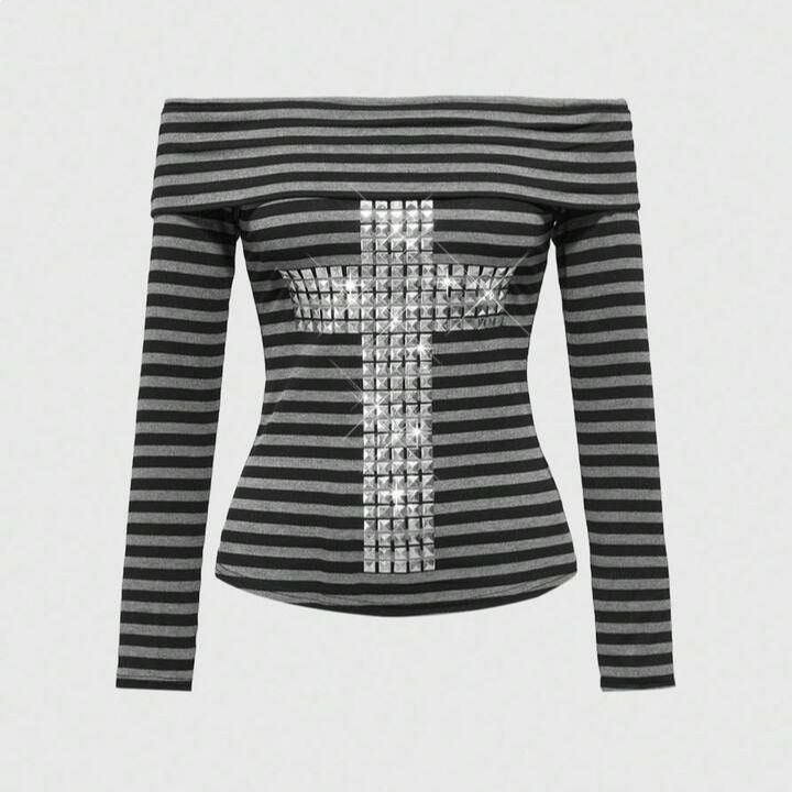Summer New Retro American Cross Rhinestone Off-Shoulder Top for Women Slim Fit Short Sleeve Hot Girl Trendy Casual Top_ecoleips.com