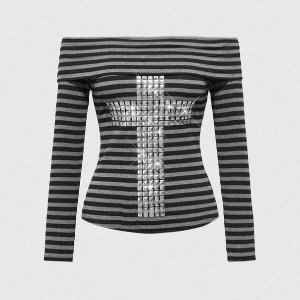 Summer New Retro American Cross Rhinestone Off-Shoulder Top for Women Slim Fit Short Sleeve Hot Girl Trendy Casual Top_ecoleips.com