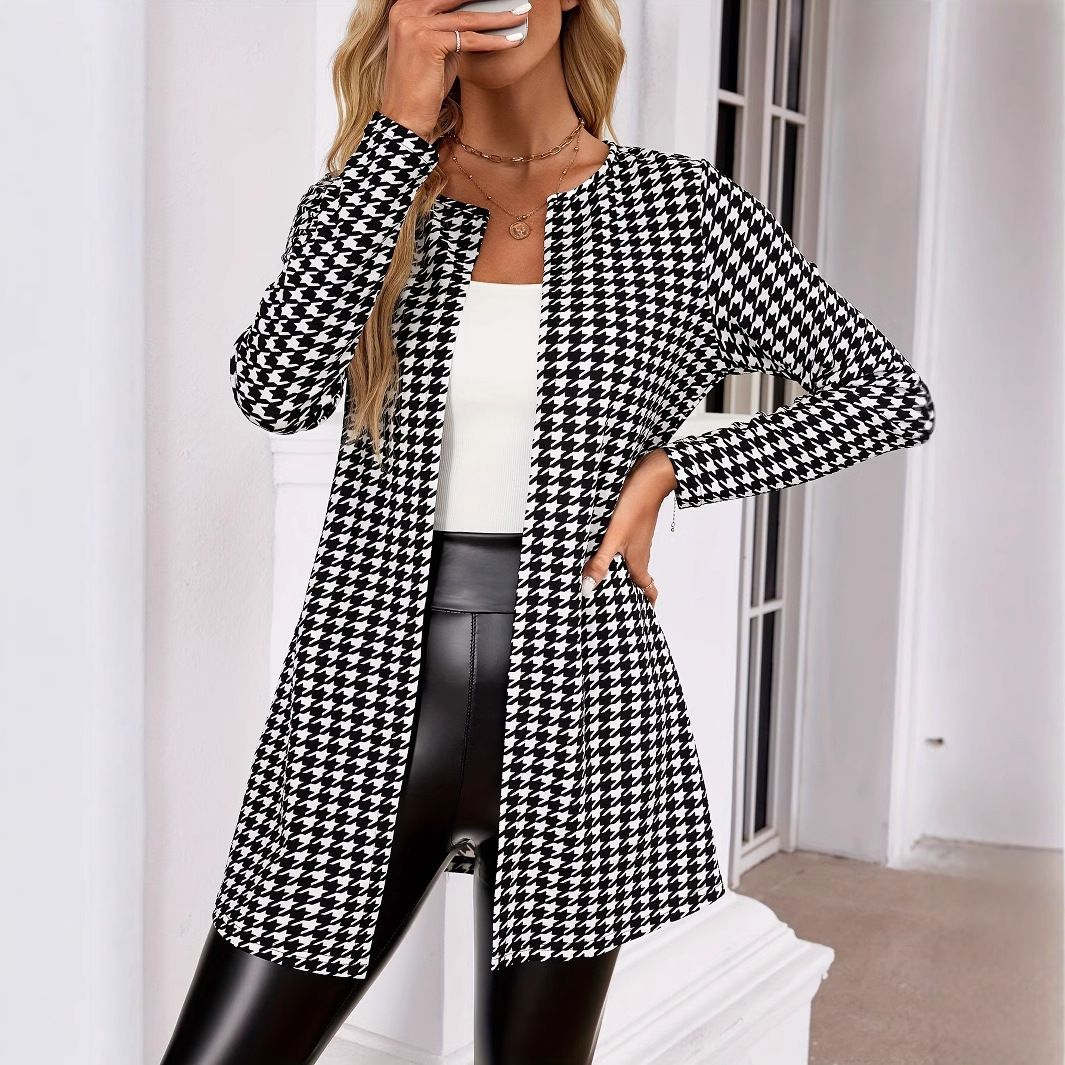 Printed Longline Blazer Jacket For Women – Oversized Tweed Coat With 3D Patterns (S-XXL, Stretch Polyester Spandex, Round Neck Work-to-Weekend Top)_ecoleips.com