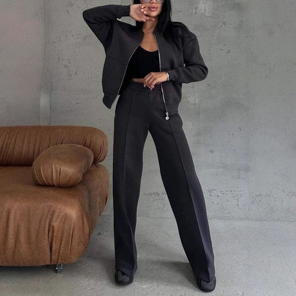 Women's Casual Zip-Up Jacket & Wide Leg Pants Set - Autumn Winter Fashion Two-Piece Outfit For Daily Wear & Office_ecoleips.com