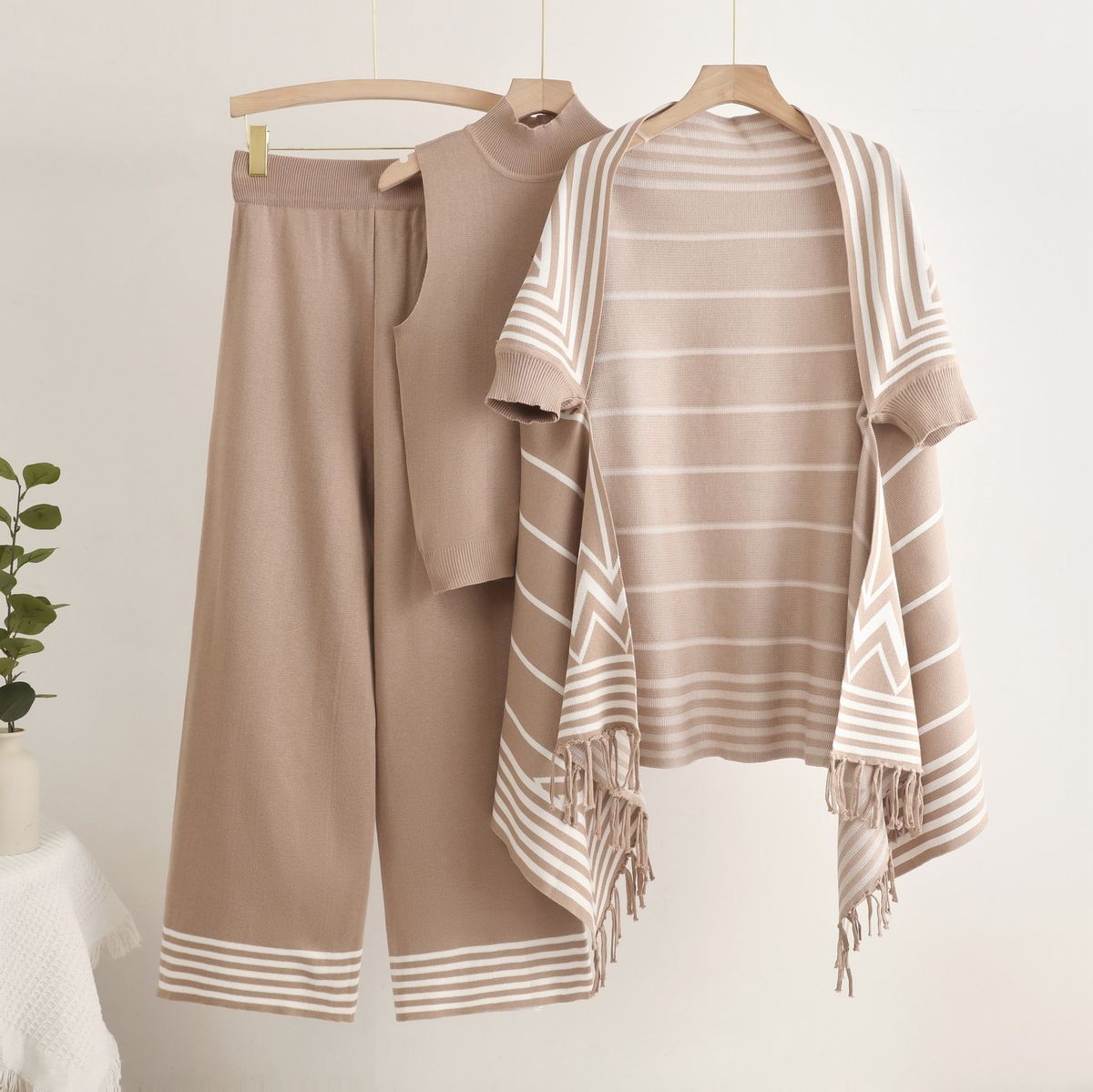 Women's 3-Piece Knit Set – Striped Vest, Fringe Cardigan & Wide Leg Pants, Soft Viscose, (Black, Khaki, Beige, Mustard, One Size)_ecoleips.com