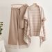 Women's 3-Piece Knit Set – Striped Vest, Fringe Cardigan & Wide Leg Pants, Soft Viscose, (Black, Khaki, Beige, Mustard, One Size)_ecoleips.com