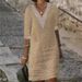 Women's Clothing Women's Style Solid Color V Neck Mid Sleeve Cotton Linen Casual Dresses Lace Trimmed For Formal & Casual_ecoleips.com