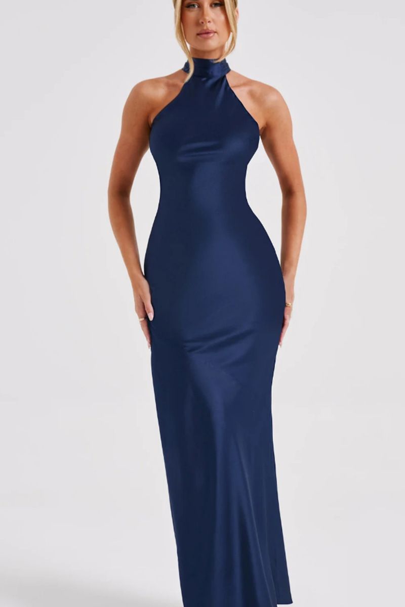 Women's Clothing Fashion High Collar Sleeveless Halter Neck Hip Skirt Female Satin Slit Dress Design Spring For Formal & Casual For Women_ecoleips.com
