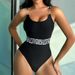 High-Waisted One-Piece Swimsuit for Women Slimming Retro Design Chain Detail Full Coverage Comfortable Fit_ecoleips.com