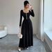 Elegant Black Midi Dress for Women Square Neck Long Sleeve A-Line Flowy Office Wear Daily Casual Dress_ecoleips.com