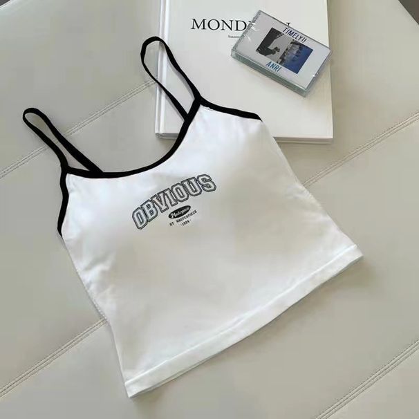 American Street Style Color Blocked Sexy Tank Top With Bra Pads, Letter Print, Short Top_ecoleips.com