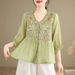 Summer Cultural-Themed Shirt With Traditional Embroidery Design; Loose-Fitting Style That Flatters The Figure; V-Neck De_ecoleips.com