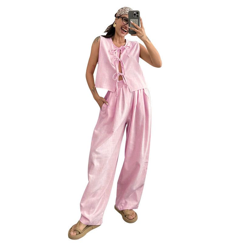 Women's Clothing Cotton Sleeveless Strap Tops Women's Fashion Casual Loose Trousers Suit_ecoleips.com