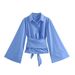 Women's Clothing 2025 Spring New Style Double Collar Poplin Slim Fit Bow Tie Short Shirt_ecoleips.com