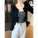 Korean-style Button-striped Camisole Cardigan Set, Autumn Version, Short Slim-fit Long-sleeve Top Two-piece Set_ecoleips.com