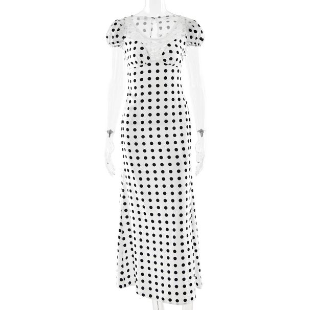 Women's Elegant Satin Polka Dot Lace Trim Short Sleeve Belted Bodycon Maxi Dress – Ins Style Summer Gown_ecoleips.com