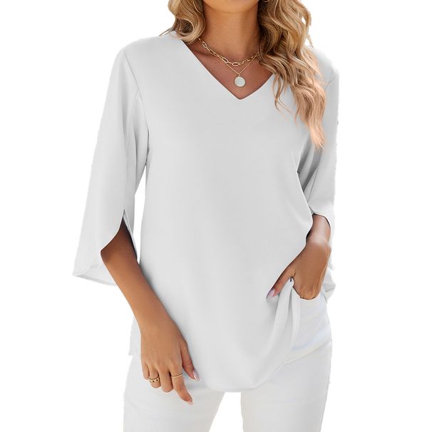 European And American Cross-Border Trade 2026 Spring/Summer New Solid Color V-Neck Mid-Sleeve Loose Chiffon_ecoleips.com