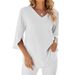 Women's Clothing Spring And Summer New Solid Color V Neck Mid Sleeve Loose Chiffon Shirt Women's Top_ecoleips.com