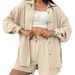 Women's Style Loose Women's Solid Color Long-Sleeved Shirt + Solid Color Shorts Two-Piece Set Spring Clothes_ecoleips.com