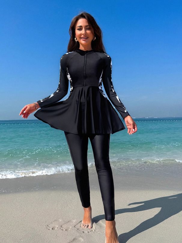 Women's Clothing Women's One-piece Sports Swimsuit Long-Sleeved Tight-Fit Conservative Design Printed Sunscreen Seaside Surfsuit_ecoleips.com