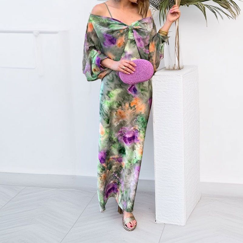 Spring 2026 Women's Elegant Tie Dye Long Sleeved Shawl Suspender Dress Set European American Fashion Cross Border Style_ecoleips.com