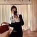 Plus-size Spring And Autumn Square-neck Lace Pearl Elegant Dress, Korean Style, Waist-cinching, Slimming A-line Dress_ecoleips.com