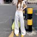 American-style Unique Open-pocket Design White Wide-leg Jeans For Women, High-waisted, Loose-fitting, Drapey_ecoleips.com