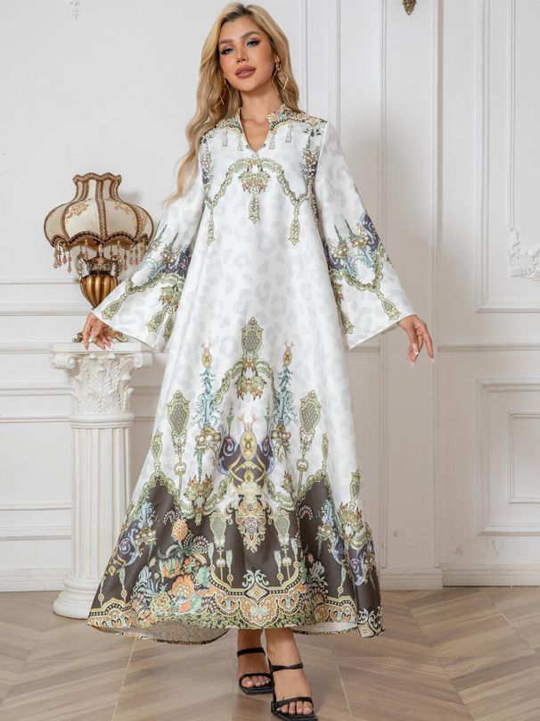 SW1003 Muslim Women's Clothing Robe Printed Beaded Long Dress Abayas_ecoleips.com