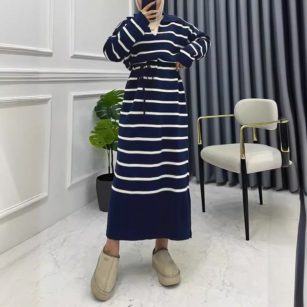 Elegant Modest Dress For Muslim Women - Long Sleeve High Waist Maxi Dress With Striped Knit Fabric, Crew Neck & Drawstring Detail (Navy Blue, S/M/L)"_ecoleips.com