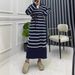 Elegant Modest Dress For Muslim Women - Long Sleeve High Waist Maxi Dress With Striped Knit Fabric, Crew Neck & Drawstring Detail (Navy Blue, S/M/L)"_ecoleips.com