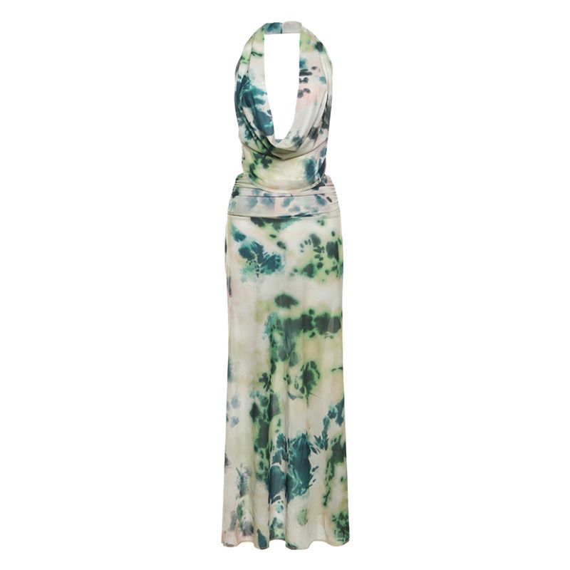 2025 Spring/Summer Women's New Ink Print Deep V Backless Ruched Midi Dress Set_ecoleips.com