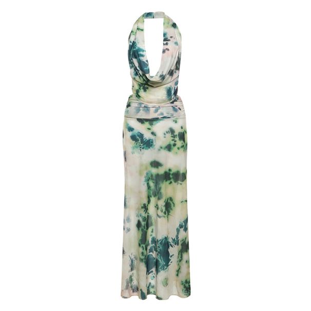 2025 Spring/Summer Women's New Ink Print Deep V Backless Ruched Midi Dress Set_ecoleips.com