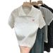Women's Knit Short-Sleeve Blouse – White Lapel Top With Bow Embroidery, Lightweight Summer Office Wear (One Size Fits S-M)_ecoleips.com