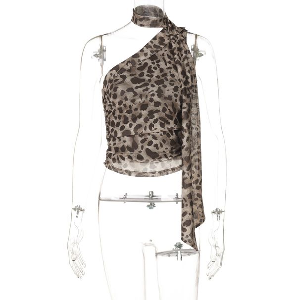 European And American INS Style Hot Girl Women's Leopard Print One-Shoulder Sleeveless Ribbon Short Tight Tank Top_ecoleips.com