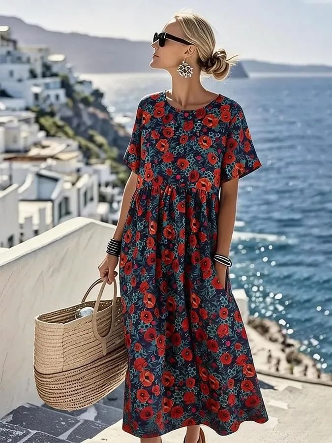 Women's Flowy Short Sleeve Midi Dress With All-Over 3d Print, Round Neck A-Line Casual Summer Dress For Vacation_ecoleips.com