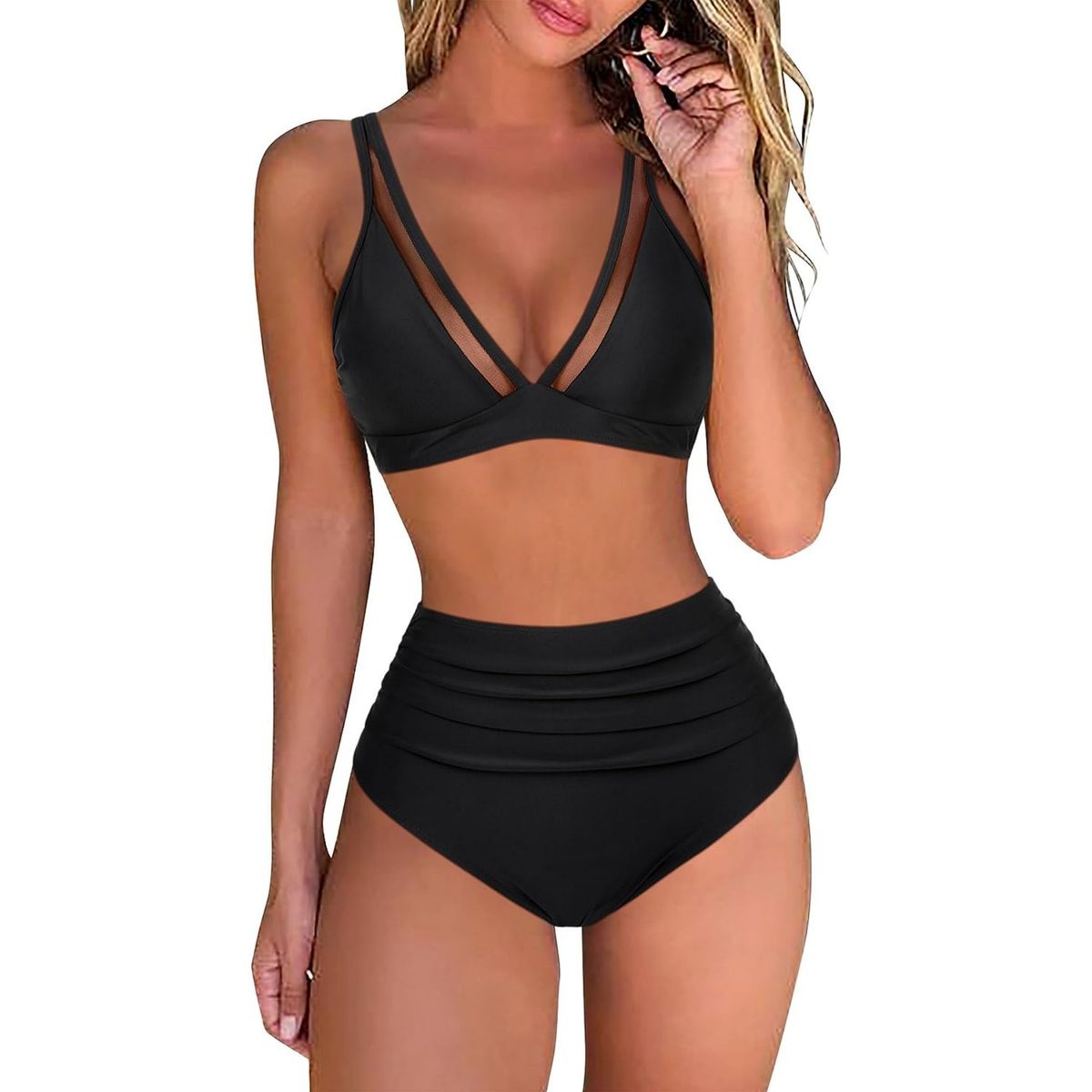 high waist bikini, mesh stitching sexy backless pleated swimsuit_ecoleips.com