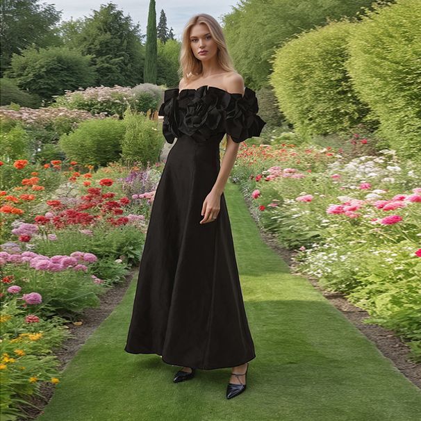 Women's French Style Long Dress Elegant Off-Shoulder Floral Patchwork High-End Spring Fashion 2026_ecoleips.com