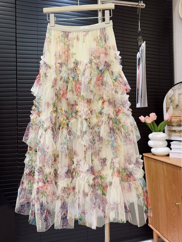 European And American Cross-border Patchwork Printed Mesh Cake Women's Floral Fluffy Long Skirt With Large Hem_ecoleips.com