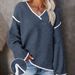 Women's Oversized V-Neck Knit Sweater With Contrast Trim, Casual Loose Fit Pullover Top For Fall & Winter_ecoleips.com