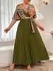 Vintage Floral Maxi Dress With Pleated Detail High Waist Elegant Boho Dress For Women, Plus Size 0XL-4XL V-Neck & Belted_ecoleips.com
