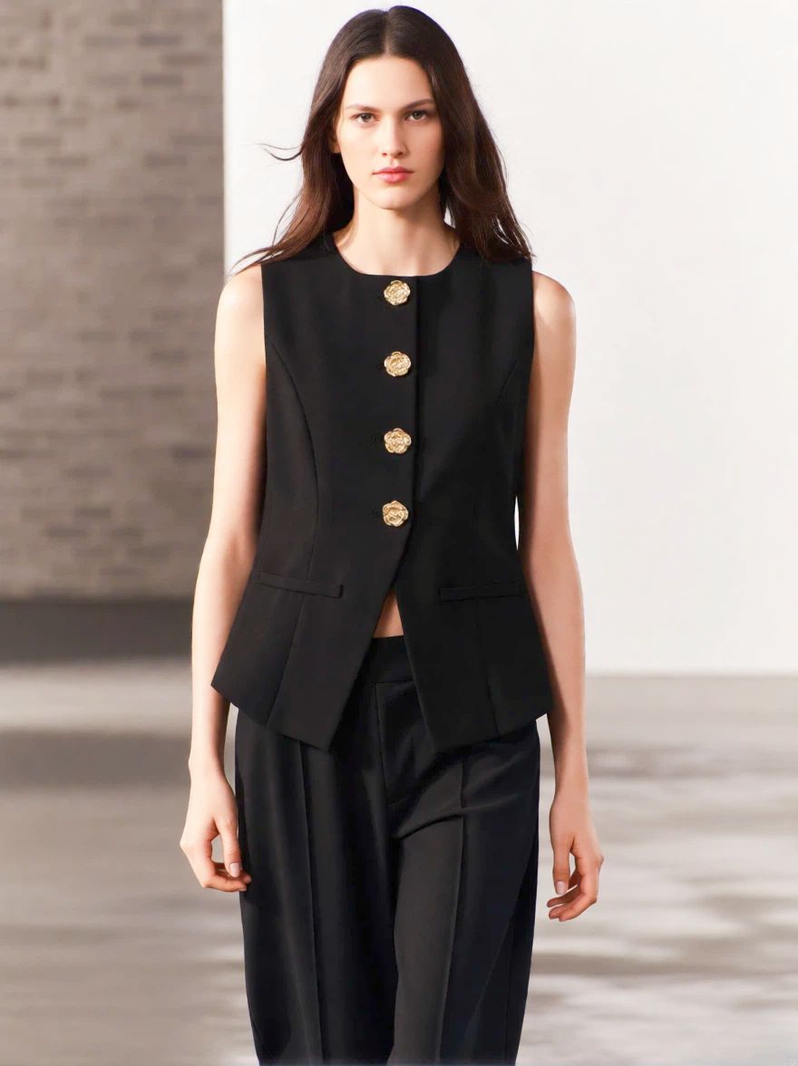 Women's Casual French Style Solid Color Button Down Sleeveless Vest – Layering Blazer Top_ecoleips.com
