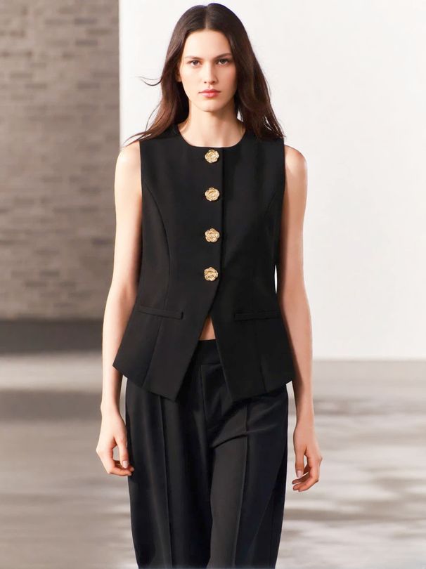 Women's Casual French Style Solid Color Button Down Sleeveless Vest – Layering Blazer Top_ecoleips.com