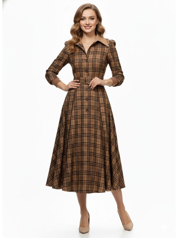 Freeacy Women's Brown Plaid Turn-Down Collar High Waist Long Sleeve Flared Midi Dress 2026 Spring Fashion Retro Party Dresses_ecoleips.com