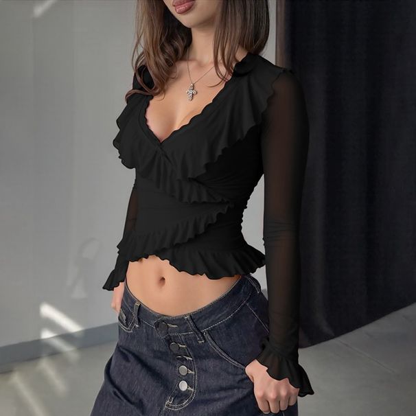 European And American Style Women's Clothing 2025 Winter New Product Sexy Low-cut V-neck Ruffled Slim-fit Bell-sleeve_ecoleips.com