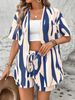 Women's Colorblock Asymmetrical Print Cardigan & Shorts Set, Fashionable Two-Piece, Comfortable Casual Wear For Daily Use_ecoleips.com