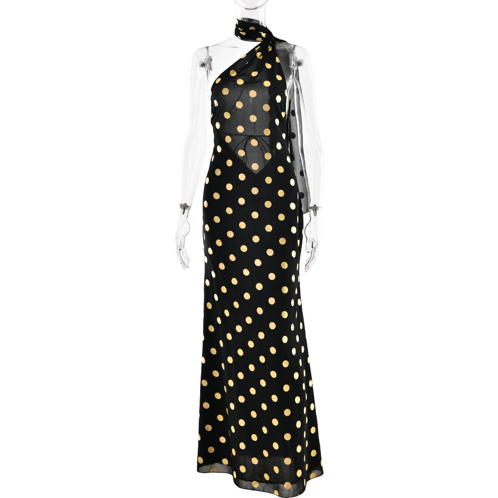 Women's Clothing Summer Fashion New Women's Dress Elegant Halter Neck Backless Polka Dot Chiffon Slim Long Dress_ecoleips.com