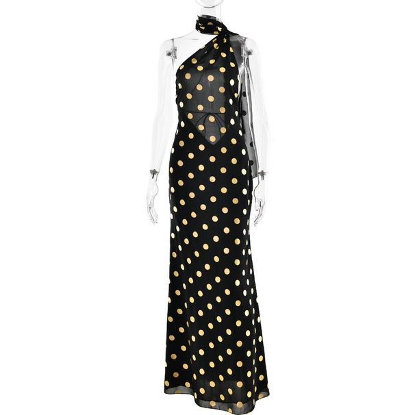 Women's Clothing Summer Fashion New Women's Dress Elegant Halter Neck Backless Polka Dot Chiffon Slim Long Dress_ecoleips.com