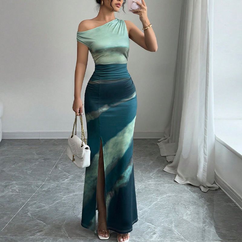 Women's Clothing Summer New Contrast Color Slim Dress Oblique Shoulder Long Skirt_ecoleips.com
