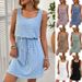 Women's Clothing Square Collar Hollow Texture Drawstring Sleeveless Dress_ecoleips.com