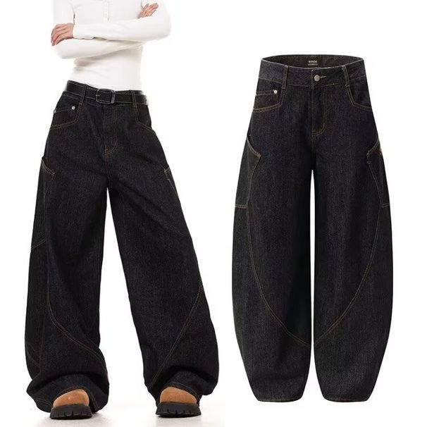 Women's Clothing Retro Big Pocket Scimitar Jeans For Women Spring And Autumn Hot Girl High Street Design Loose Wide Leg Mopping Pants_ecoleips.com
