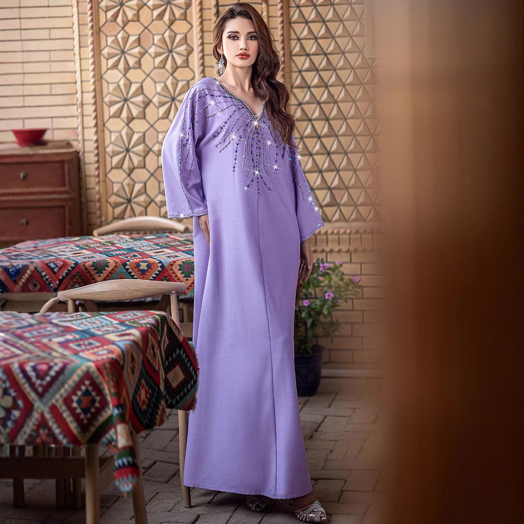 Lavender Embellished Kaftan Dress With Hand-Sewn Crystals – Elegant Modest Long Sleeve Maxi (S-XXL)_ecoleips.com