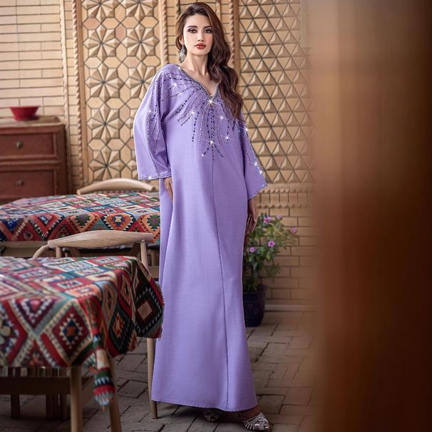 Lavender Embellished Kaftan Dress With Hand-Sewn Crystals – Elegant Modest Long Sleeve Maxi (S-XXL)_ecoleips.com